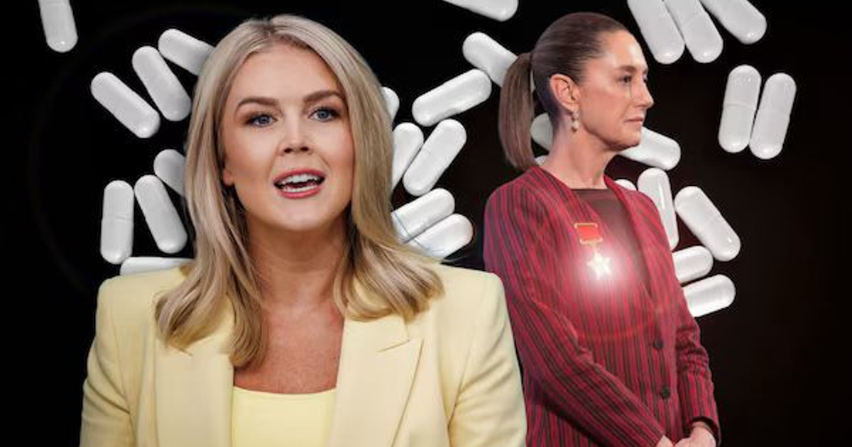 Dos mujeres discuten sobre seguridad fronteriza y control de fentanilo, con cápsulas blancas de fondo.