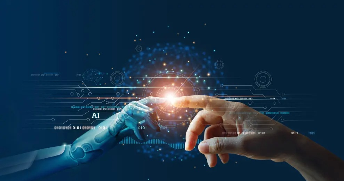 Mano humana y robótica tocándose, simbolizando la conexión entre humanidad y tecnología, con elementos de datos y circuitos en un fondo oscuro.