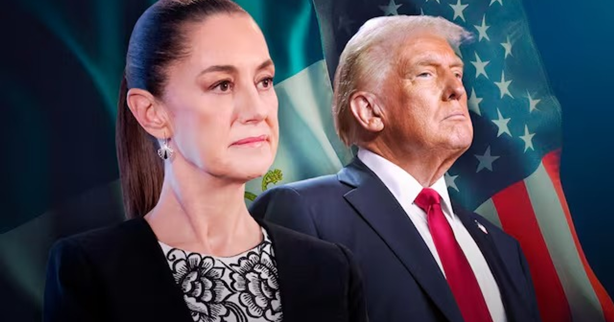 Claudia Sheinbaum y Donald Trump en la cumbre G7, con banderas de México y EE.UU. al fondo.