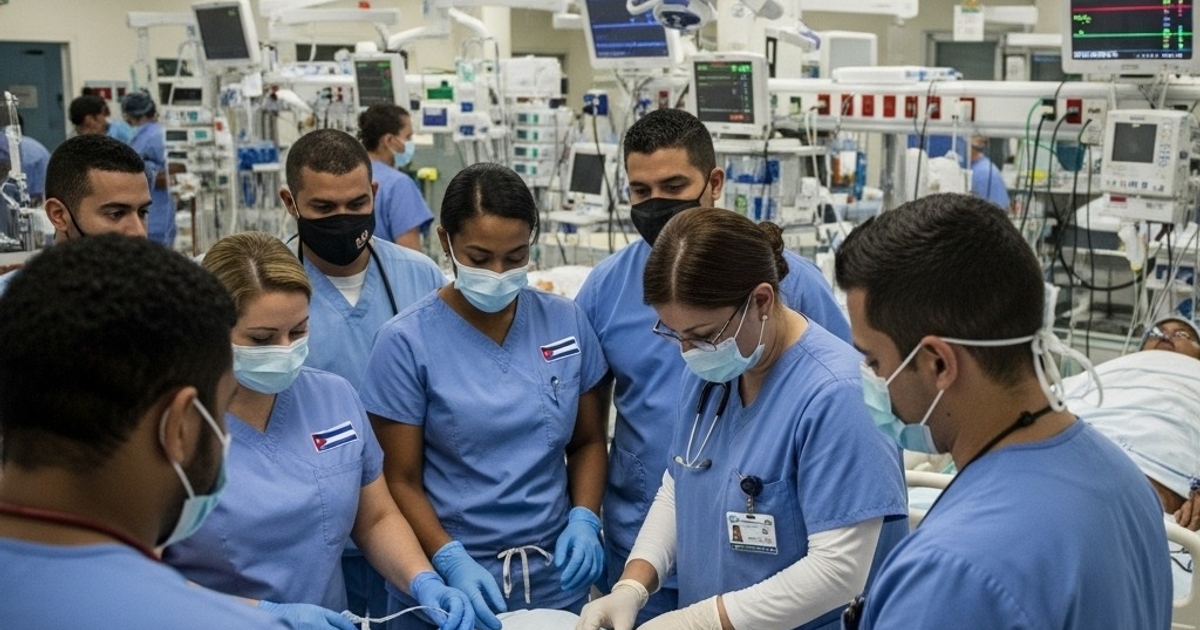 Médicos en sala de cuidados intensivos con uniformes azules y mascarillas, rodeados de equipos médicos.