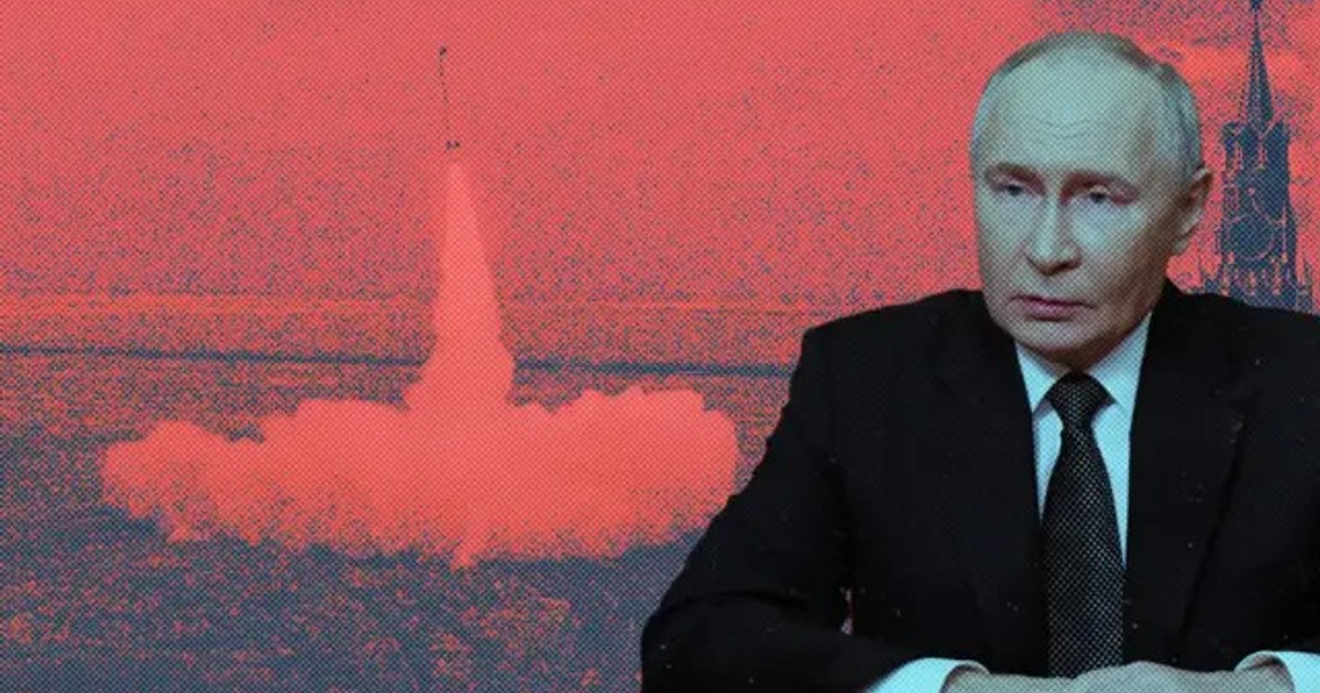 Persona sentada con fondo de lanzamiento de cohete Oreshnik