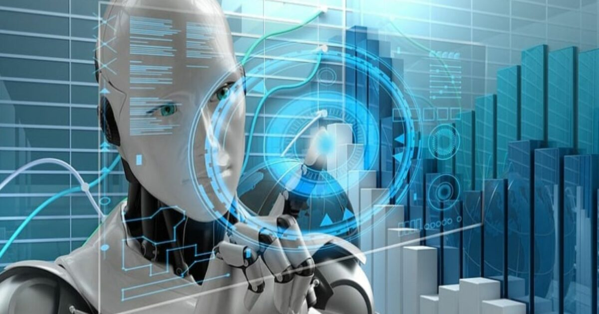 Robot humanoide interactuando con gráficos digitales en tonos azules y grises, simbolizando inteligencia artificial y análisis de datos.