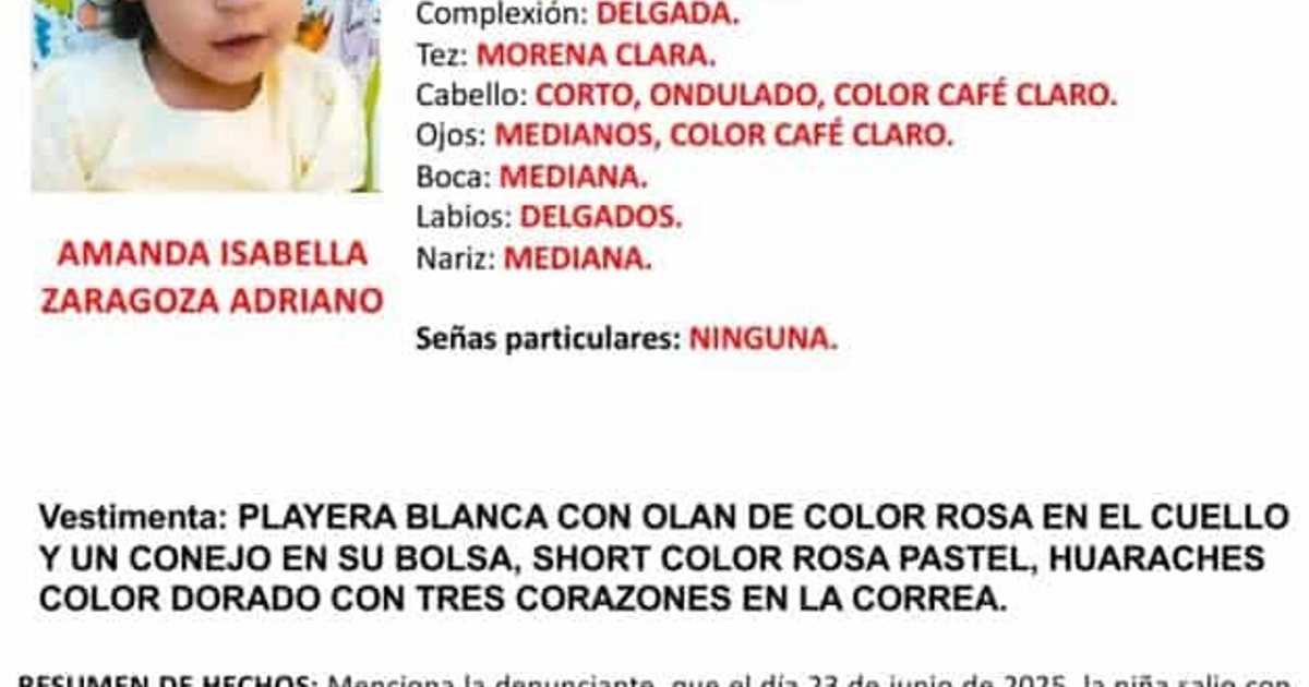 Cartel de búsqueda de Amanda Isabella Zaragoza Adriano, niña desaparecida en Los Mochis.