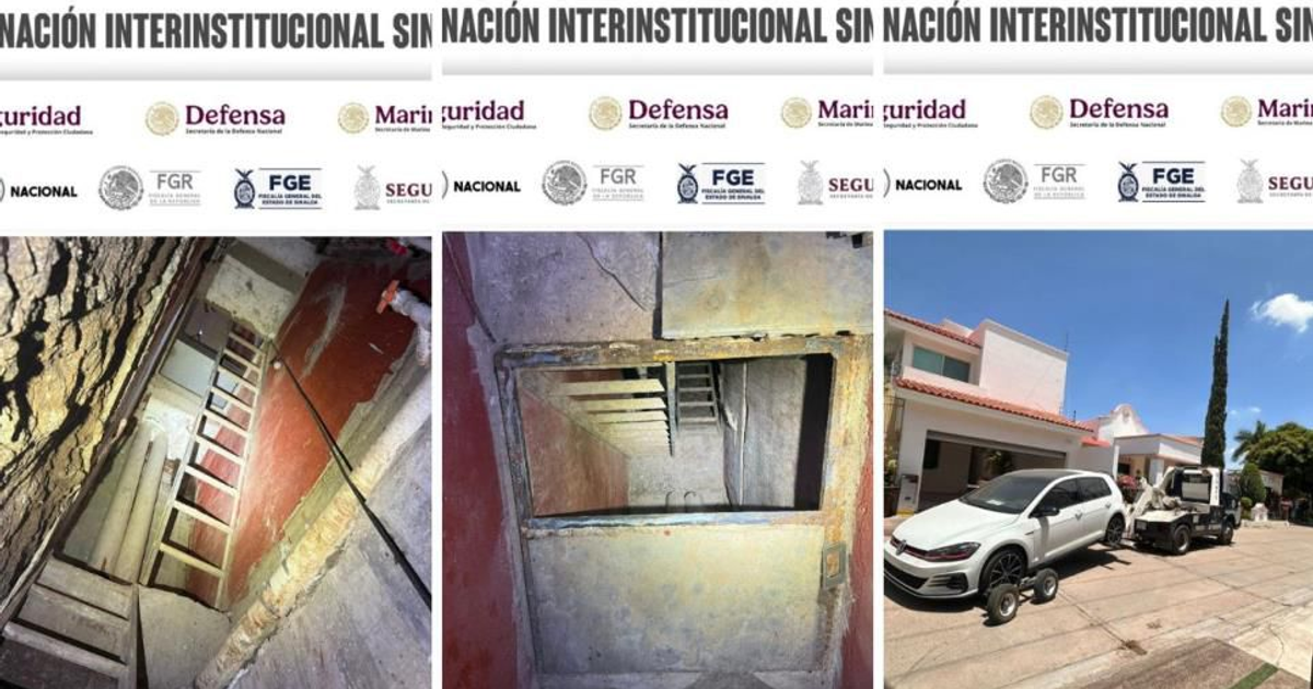 Operativo de cateo en Culiacán con imágenes de un sótano y un vehículo remolcado.