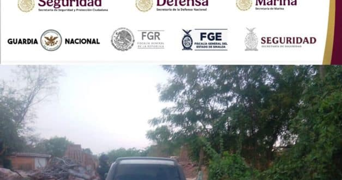 Logotipos de seguridad mexicana y escena de operativo policial con vehículos abandonados.
