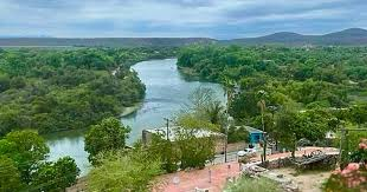 Paisaje natural con río serpenteante, vegetación densa y colinas en el horizonte bajo un cielo nublado.