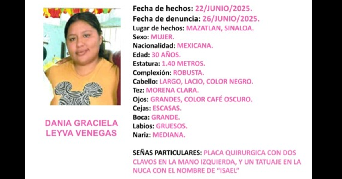 Cartel de búsqueda de Dania Graciela Leyva Venegas con detalles de su desaparición y características físicas.