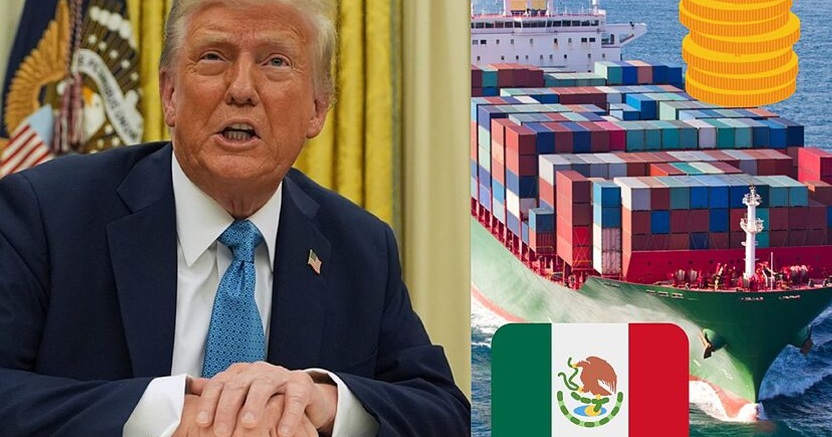 Persona frente a barco de carga con contenedores, monedas y bandera de México, simbolizando comercio internacional y aranceles.