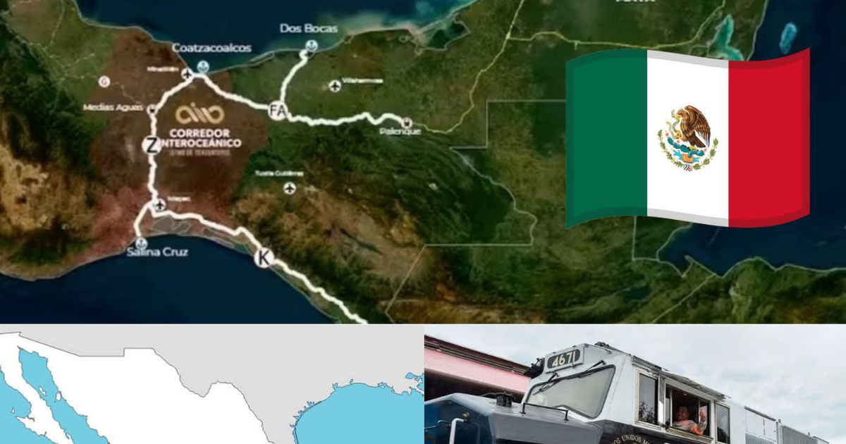Mapa del Corredor Interoceánico de México con bandera y tren, destacando conexiones ferroviarias estratégicas.