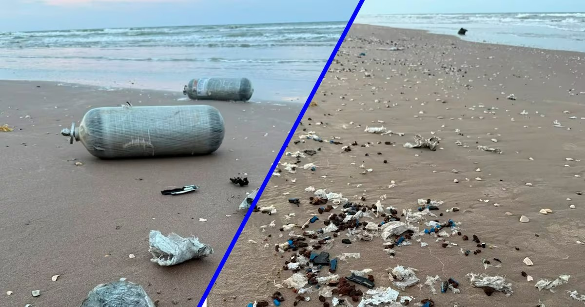 Playa contaminada con desechos de cohete SpaceX, incluyendo cilindros y plásticos en la arena.