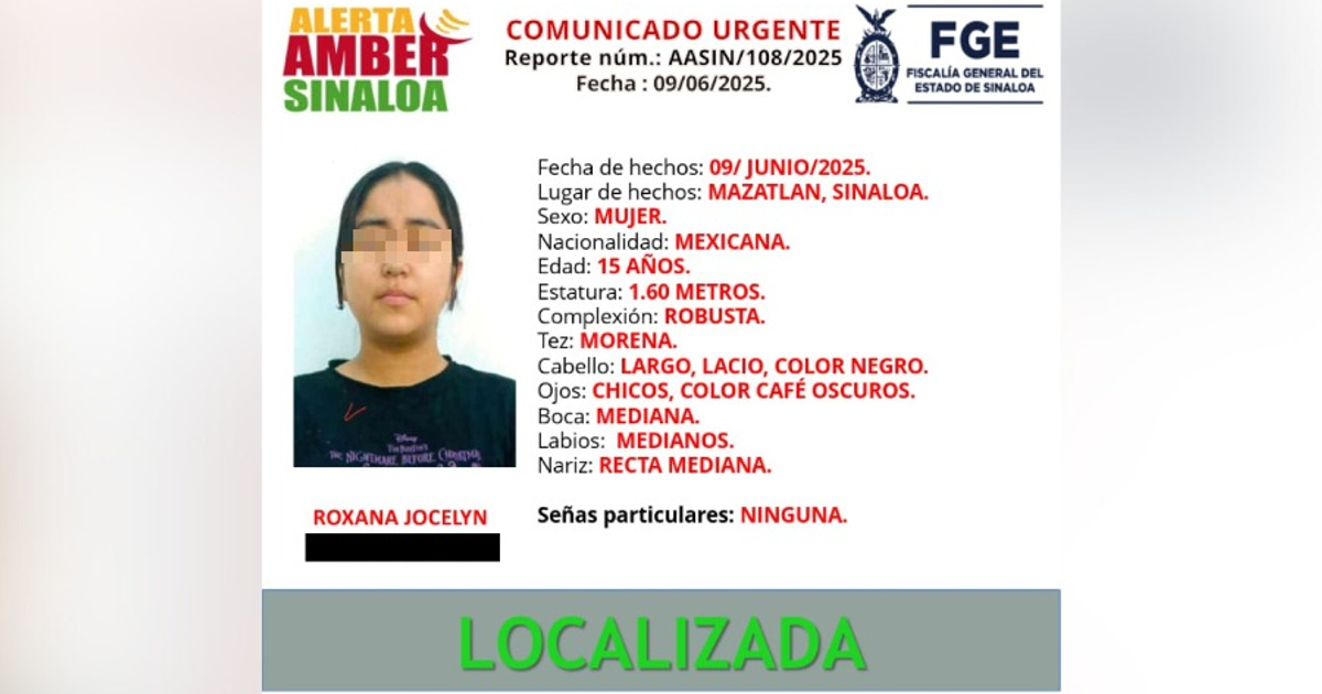 Comunicado de Alerta Amber sobre Roxana Jocelyn Cruz Segundo, adolescente localizada.