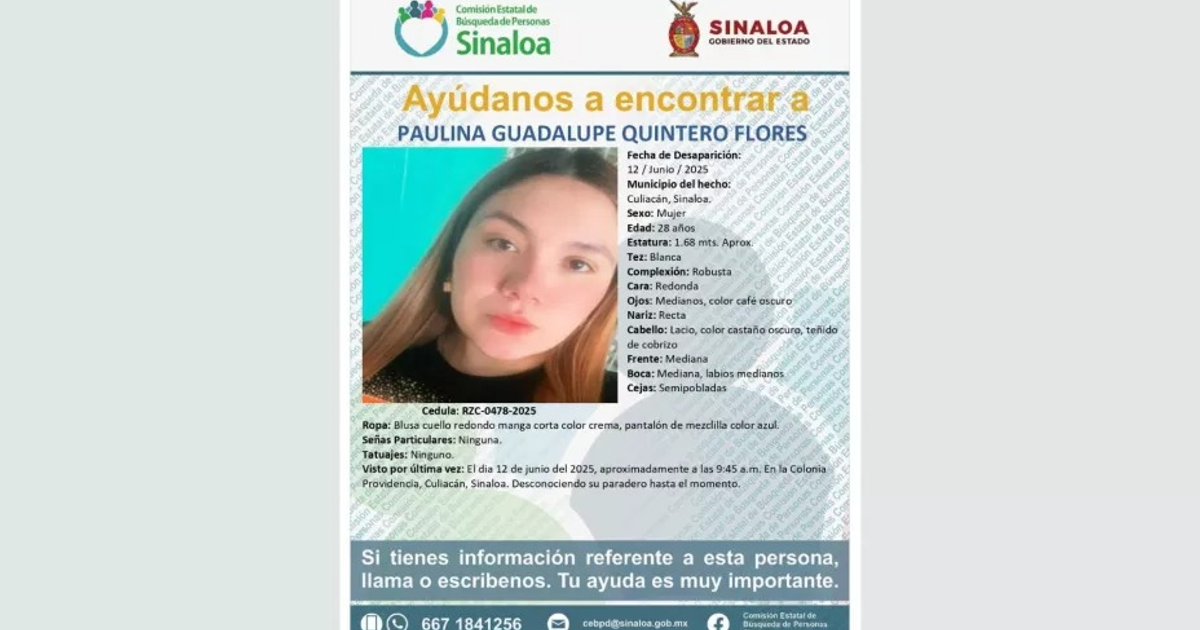 Cartel de búsqueda de Paulina Guadalupe Quintero Flores, desaparecida en Culiacán.