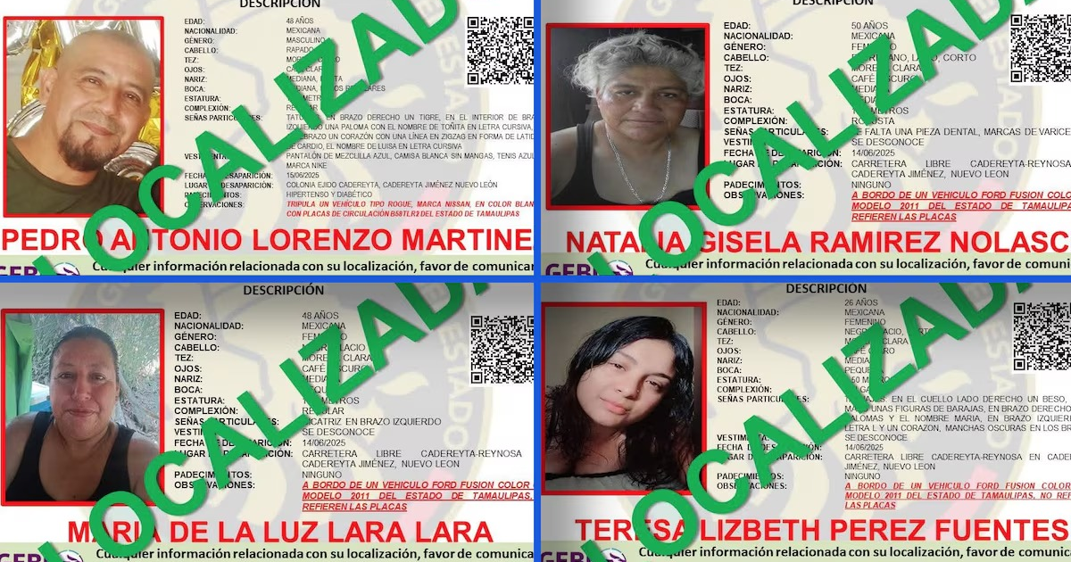 Carteles de personas desaparecidas con la palabra 'localizada' en operativos Monterrey–Reynosa.