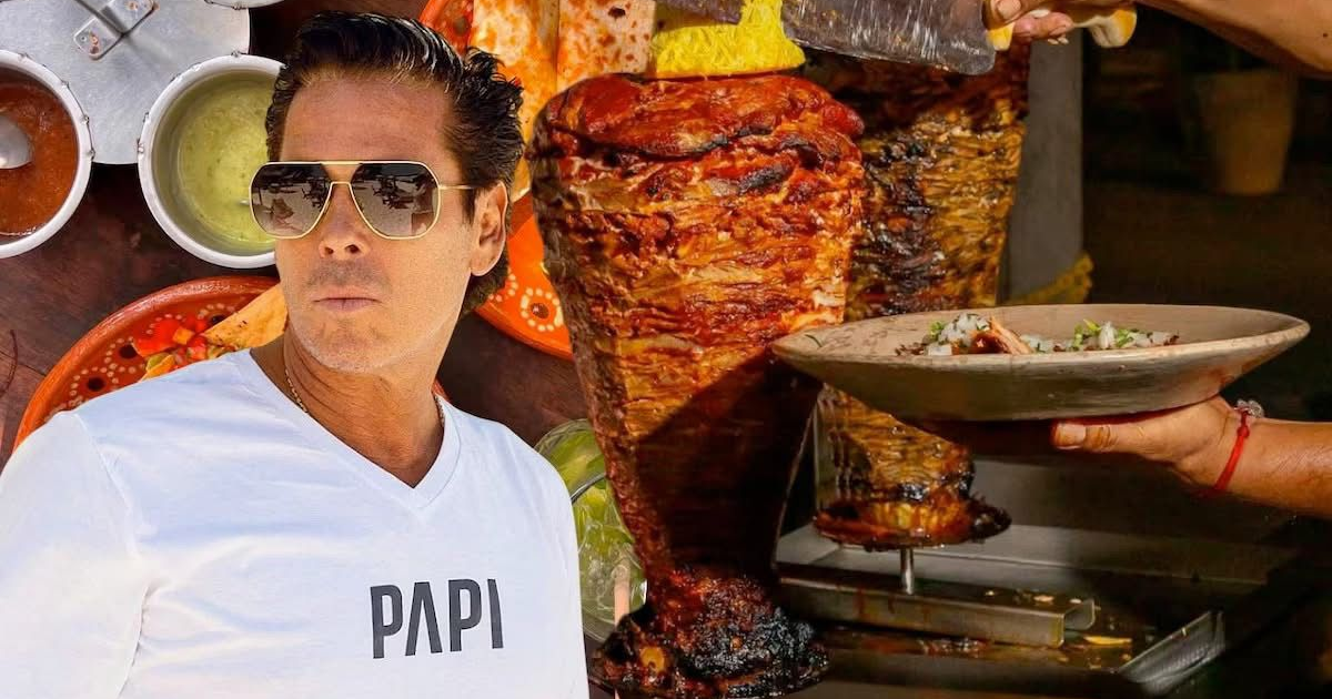 Hombre con gafas de sol junto a trompo de carne en Tacos Papi, Tulum