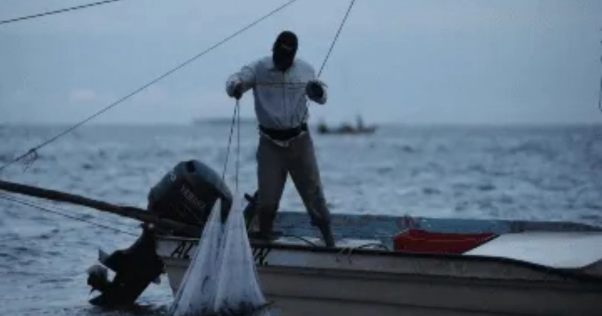Pescador en bote con redes en un entorno marítimo nublado