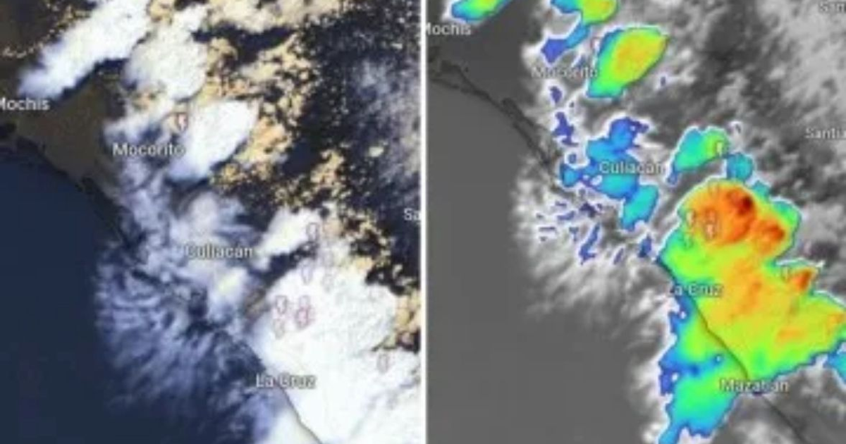 Mapas meteorológicos de Sinaloa mostrando nubes y niveles de precipitación.