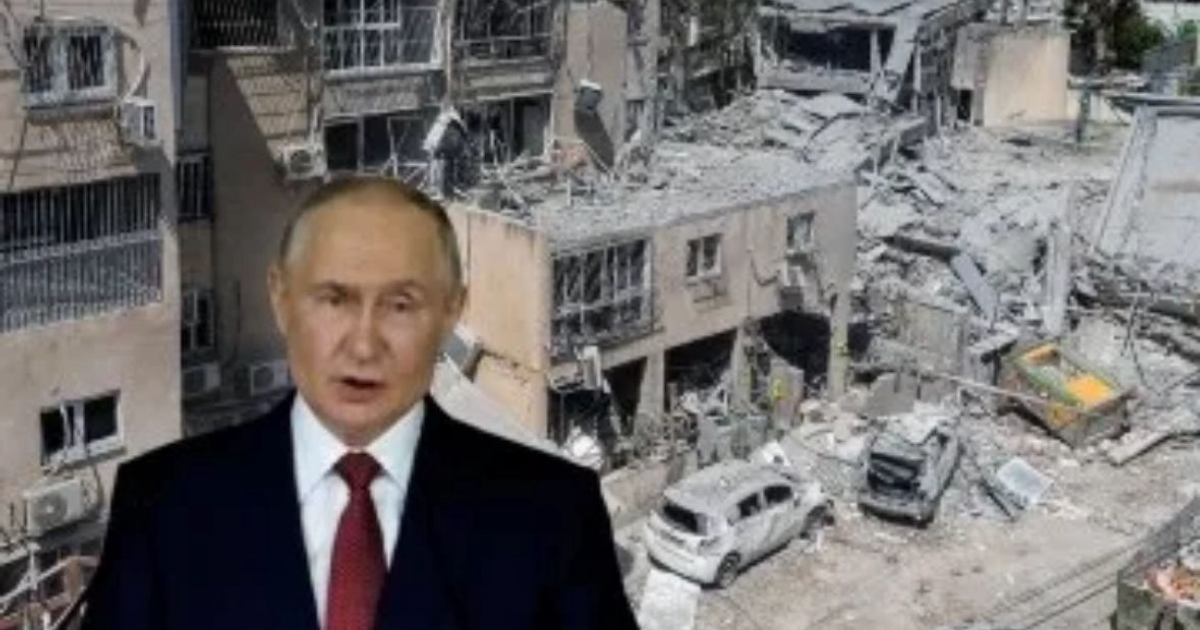 Persona en traje frente a edificios destruidos, simbolizando tensión geopolítica.