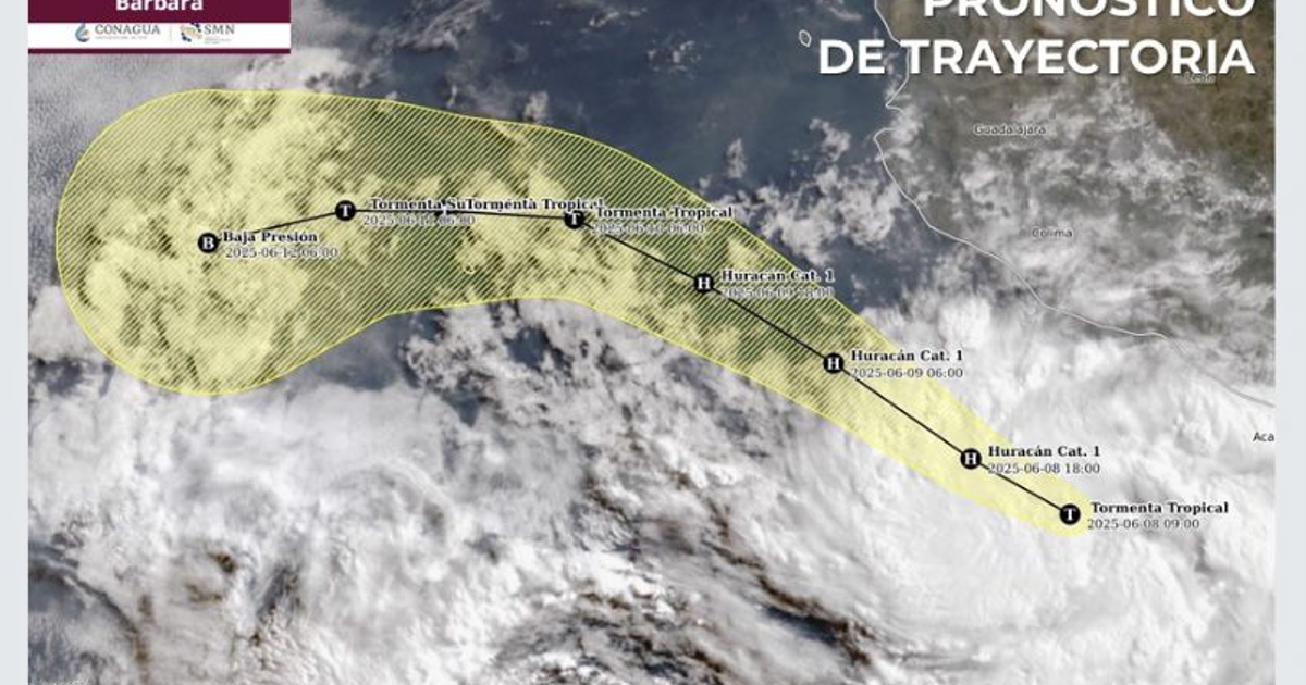 Mapa de trayectoria de la tormenta tropical Bárbara con áreas afectadas en amarillo.