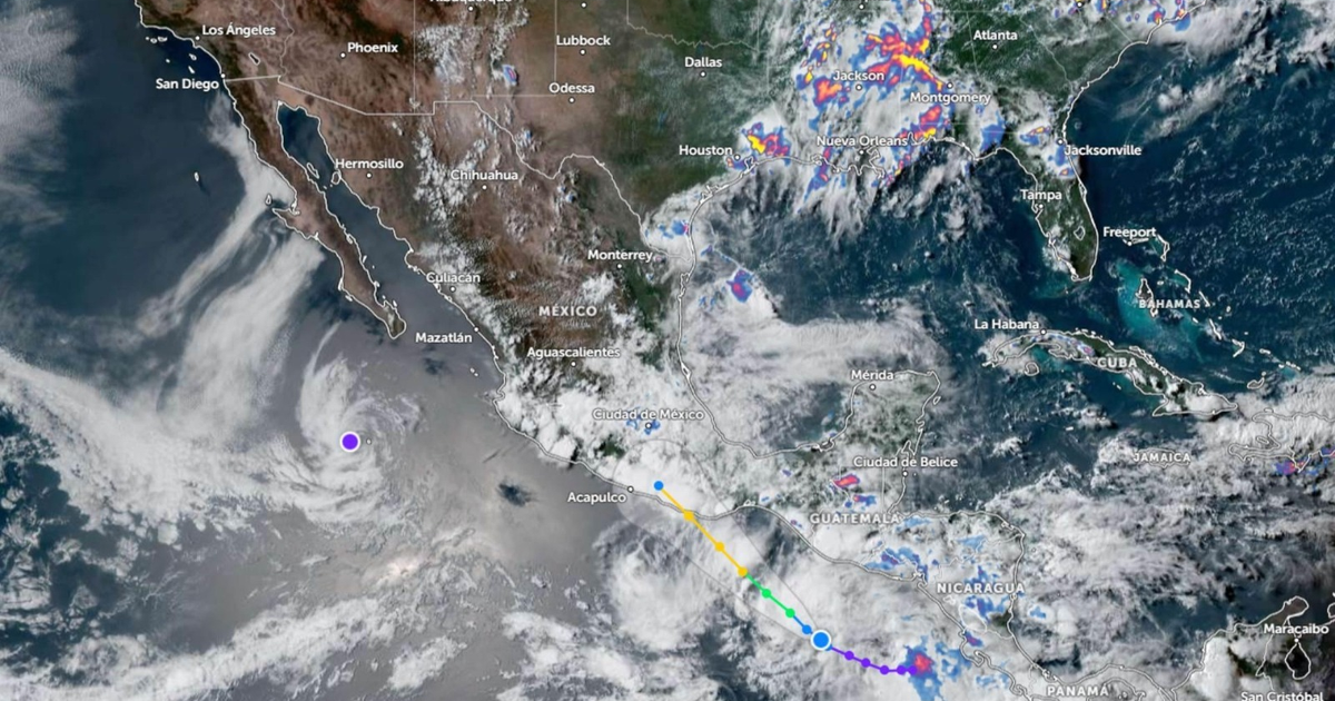 Mapa satelital de América del Norte y Central con tormenta tropical Erick en el Océano Pacífico.
