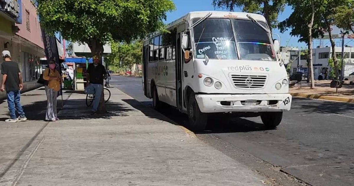 Autobús blanco 'redplus' estacionado en una avenida con personas alrededor en un día soleado.