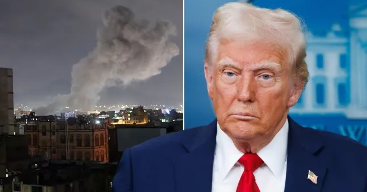 Vista nocturna de ciudad con humo y retrato serio, simbolizando la tensión entre EE.UU. e Irán.