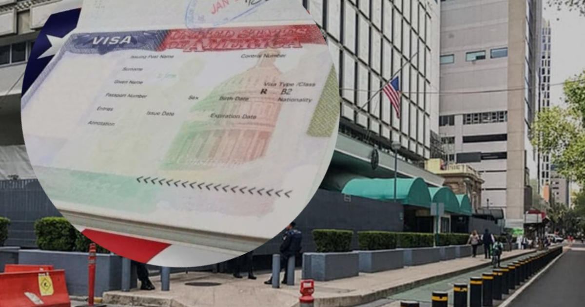 Visa americana y entorno urbano con bandera de EE.UU., relacionado con desmentido de cancelación de visas para gobernadores de Morena.