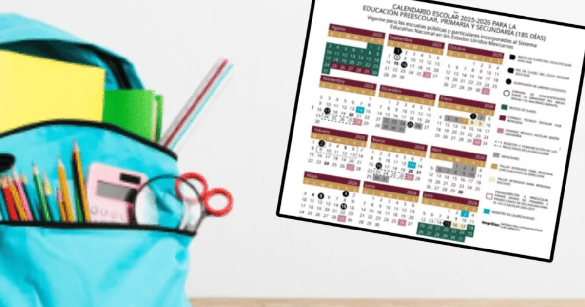 Mochila azul con útiles escolares y calendario 2025-2026