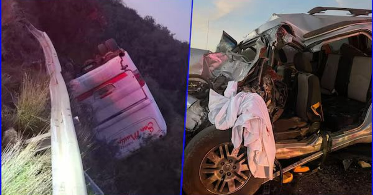 Accidentes automovilísticos en la carretera Durango-Zacatecas: furgoneta volcada y vehículo con daños severos.