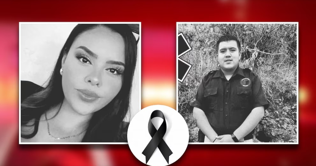 Retratos en blanco y negro de una mujer y un hombre con símbolo de luto, fondo cálido.