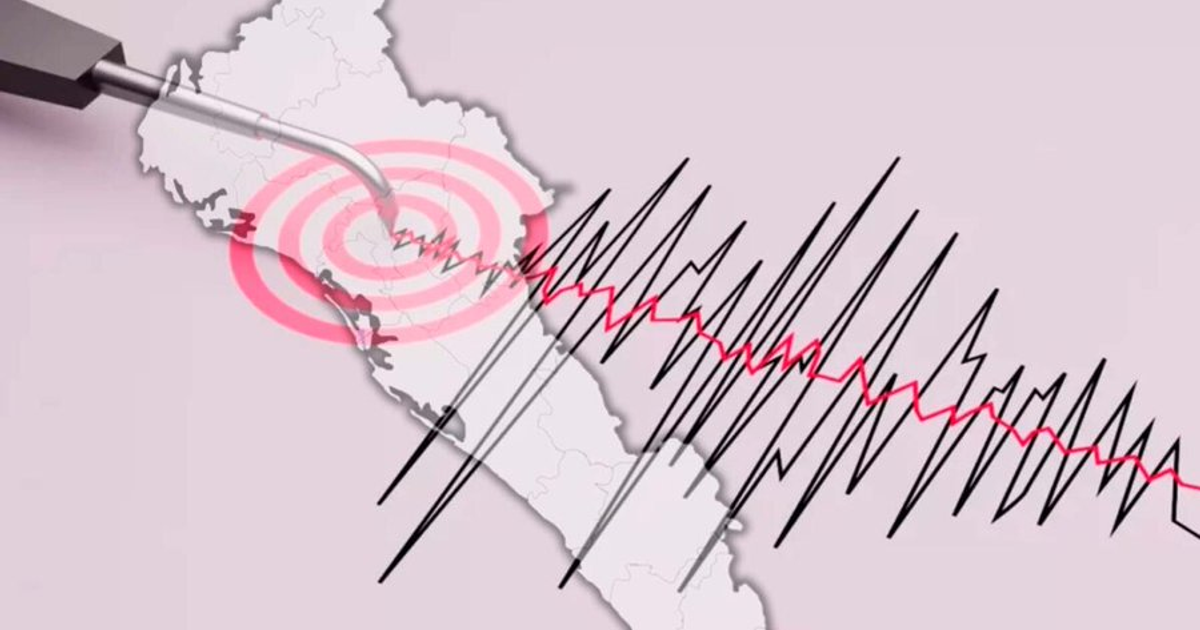 Mapa de Perú con gráfico de ondas sísmicas y dispositivo de registro de sismos.
