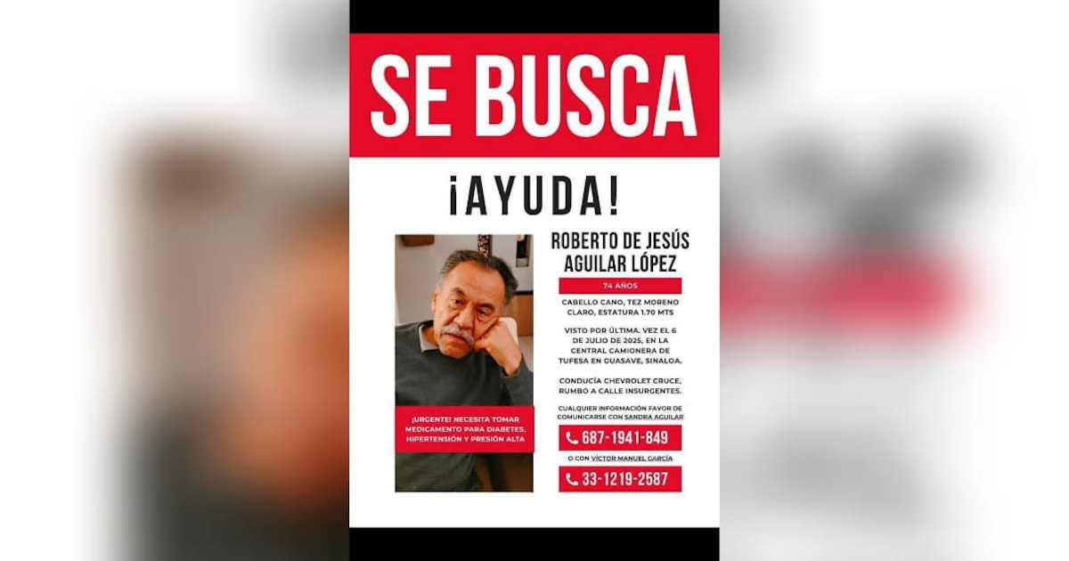 Cartel de búsqueda de Roberto de Jesús Aguilar López, desaparecido en Guasave, Sinaloa.