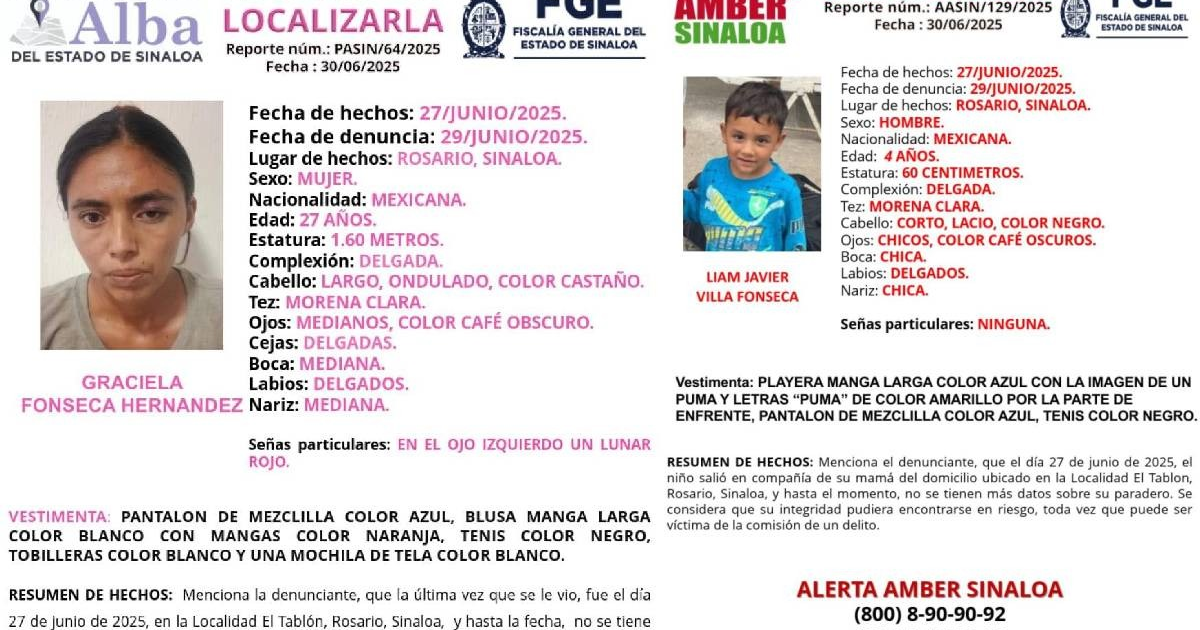 Alertas Alba y Amber para Graciela Fonseca Hernández y Liam Javier Villa Fonseca desaparecidos en Rosario, Sinaloa.