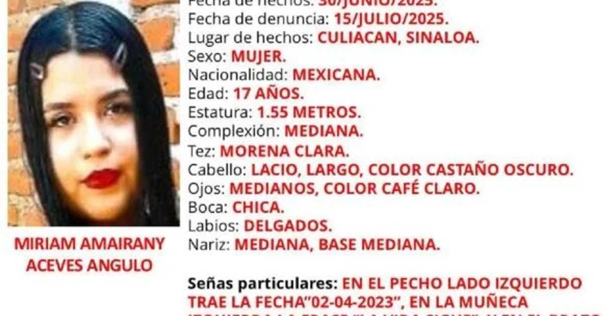 Aviso de búsqueda de Miriam Amairany Aceves Angulo, desaparecida en Culiacán, Sinaloa.