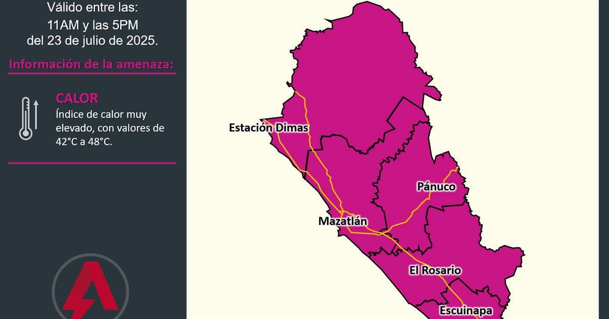 Mapa de advertencia de calor en Sinaloa, México, con localidades marcadas en rosa y temperaturas extremas.