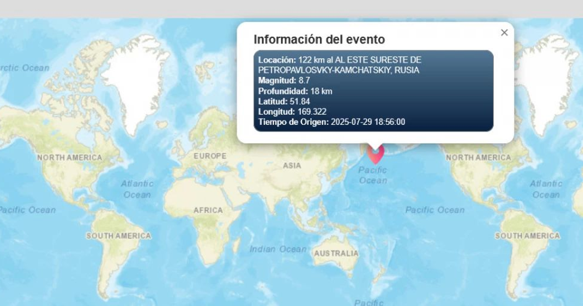 Mapa mundial con sismo de magnitud 8.7 en Rusia y alerta de tsunami en el Pacífico mexicano.