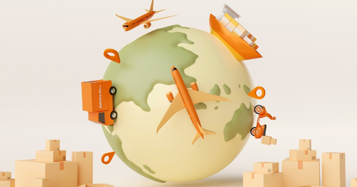 Globo terráqueo con medios de transporte y cajas, representando la logística global y el impacto de los aranceles.