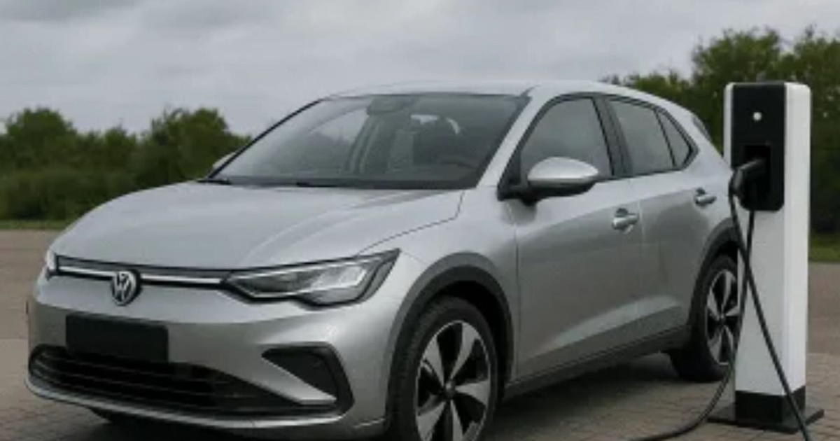 Automóvil eléctrico Volkswagen cargando en estación al aire libre con vegetación de fondo.