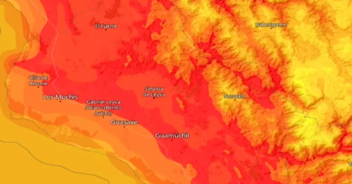 Mapa de temperaturas en Sinaloa mostrando áreas cálidas en rojo y amarillo, con localidades como Los Mochis, Guasave y Guamúchil.