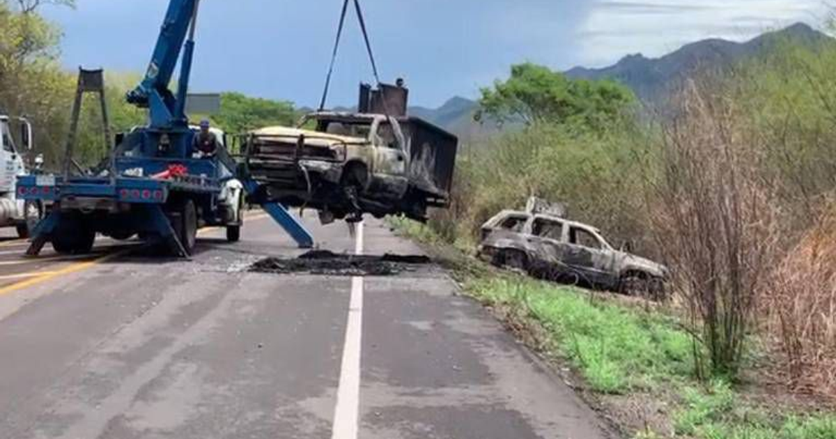 Carretera con grúa levantando vehículo calcinado, otro vehículo dañado al lado, rodeado de naturaleza.