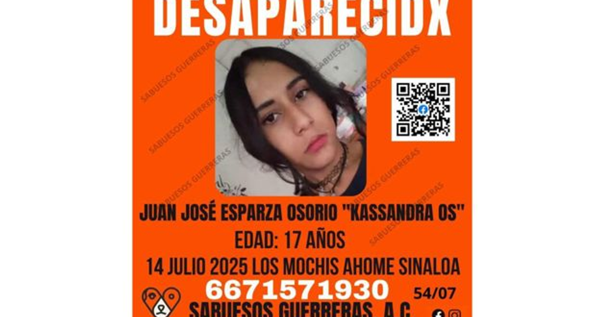 Cartel de búsqueda de Kassandra Oz, desaparecida en Sinaloa, con detalles de contacto y código QR.