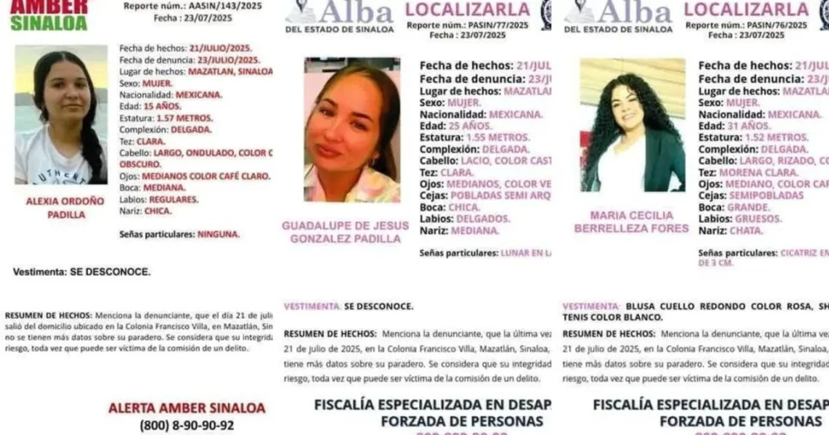 Fichas de búsqueda de mujeres desaparecidas en Mazatlán, Sinaloa, con detalles físicos y de contacto.