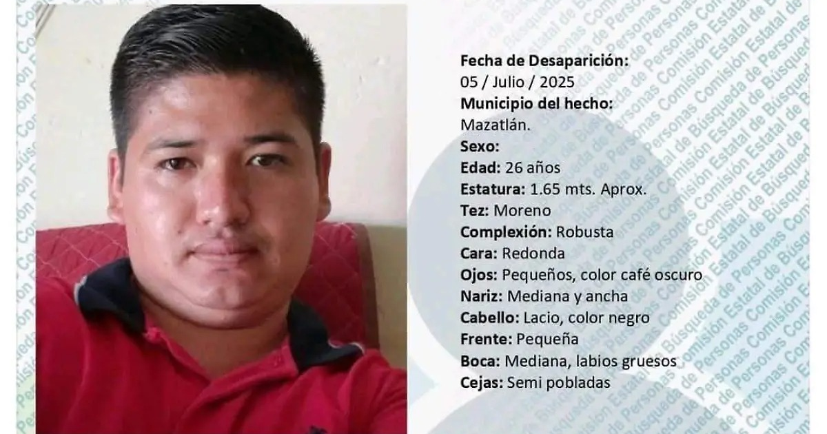 Cartel de búsqueda de David Sandoval Navarro, joven desaparecido en Mazatlán, con detalles de su apariencia y vestimenta.