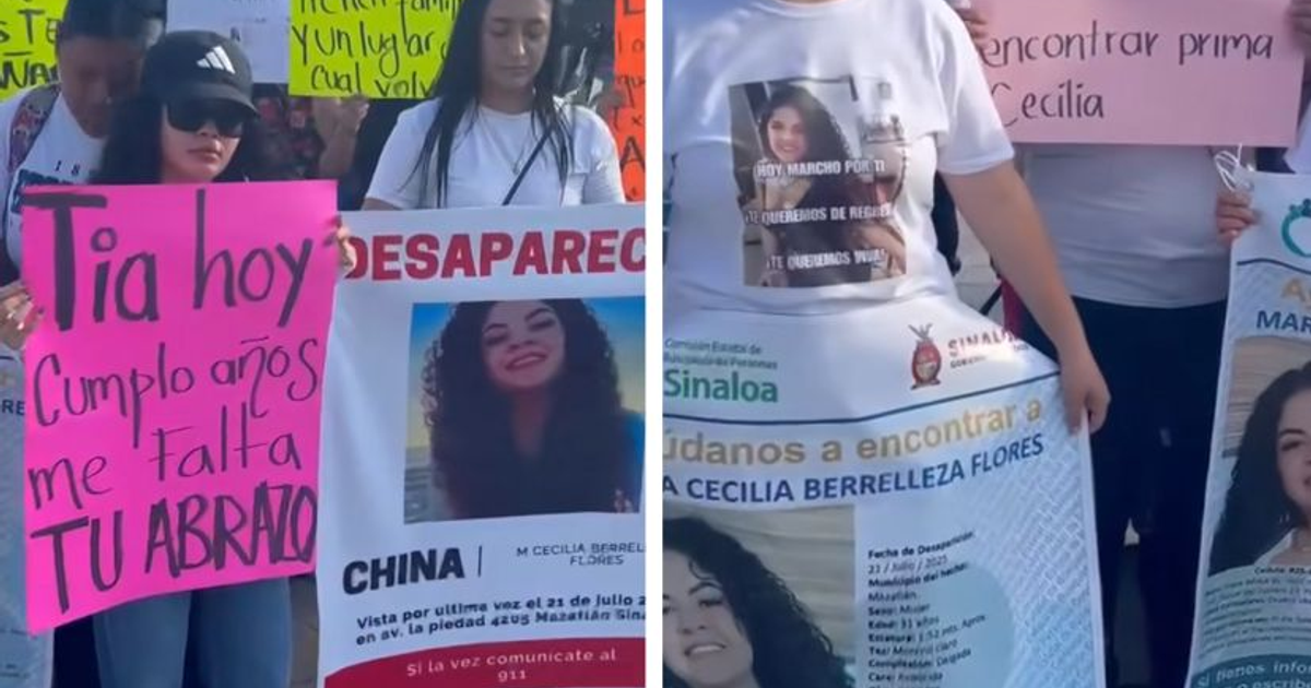 Manifestación en Mazatlán por desaparición de Cecilia Berrelleza y Cristina Salas, con carteles y pancartas exigiendo justicia.