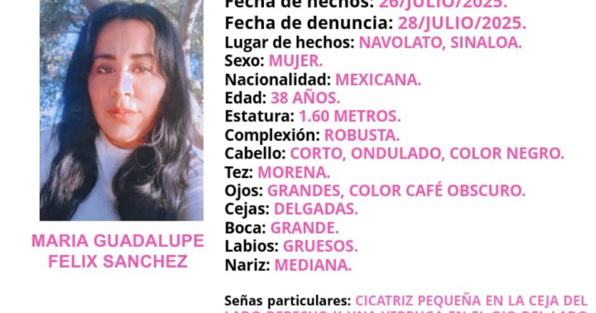 Aviso de búsqueda de María Guadalupe Félix Sánchez, desaparecida en Navolato, Sinaloa, con detalles físicos y contacto para información.