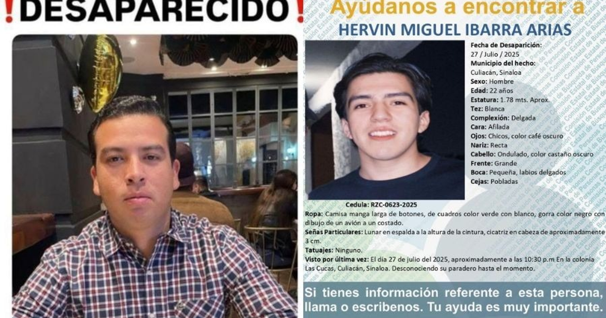 Cartel de búsqueda de Hervin Miguel Ibarra Arias, desaparecido en Culiacán, Sinaloa, el 27 de julio de 2025.