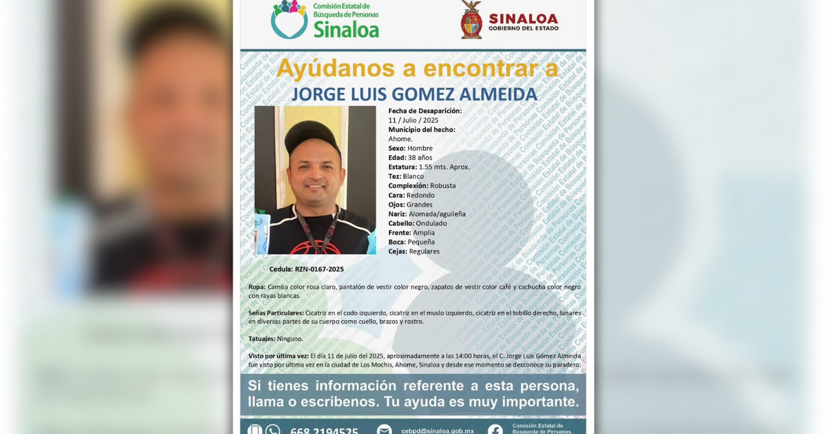 Cartel de búsqueda de Jorge Luis Gómez Almeida con detalles de su desaparición y contactos para información.