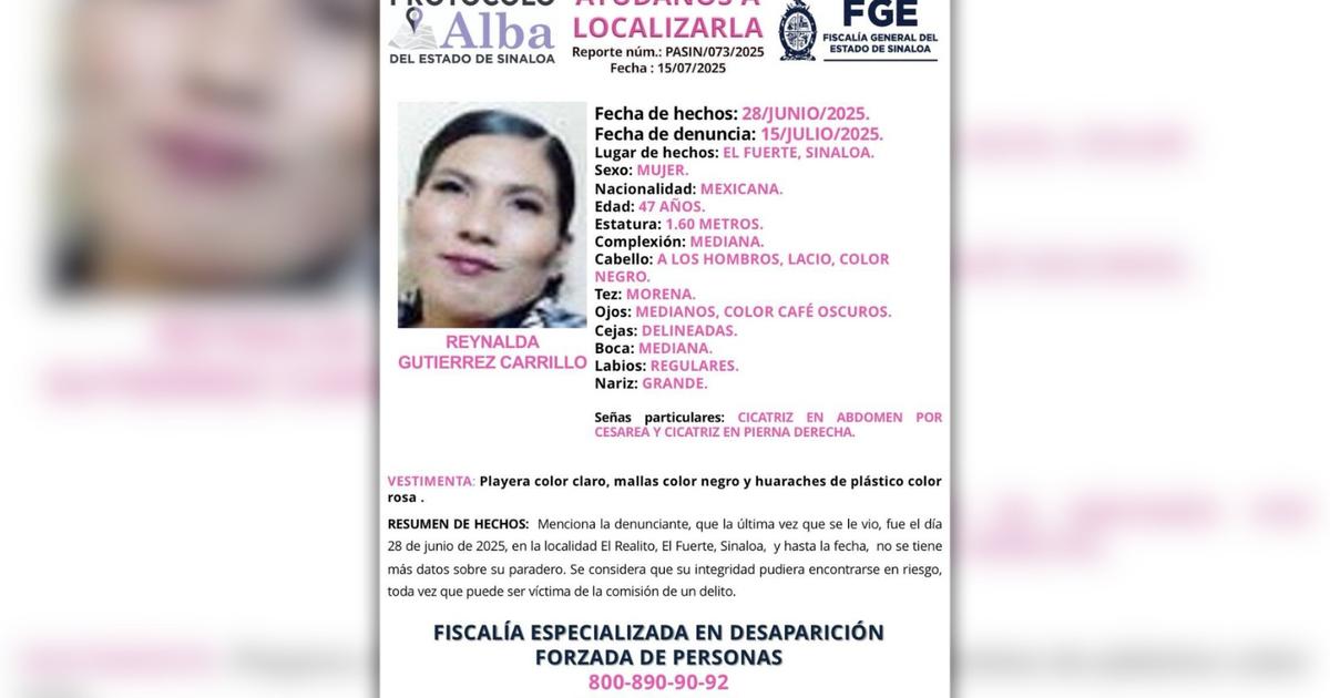 Aviso de búsqueda de Reynalda Gutiérrez Carrillo, desaparecida en El Realito, El Fuerte.
