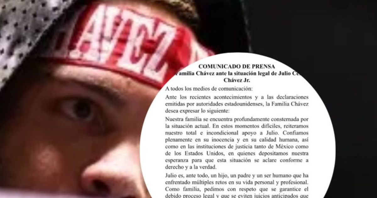 Comunicado de prensa de la familia Chávez sobre la situación legal de Julio César Chávez Jr., con un primer plano de una persona con una banda 'CHÁVEZ'.