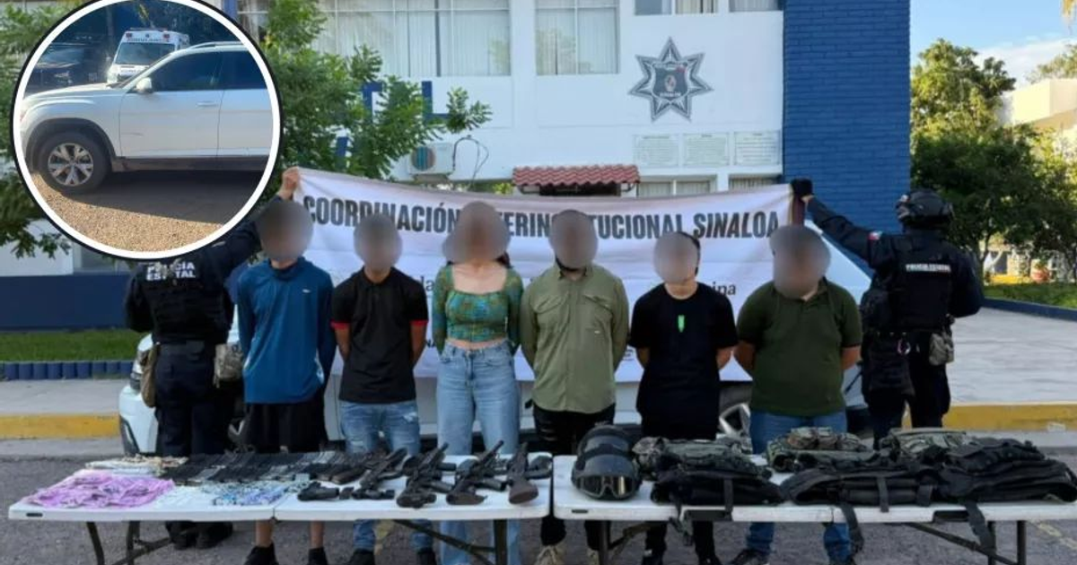 Grupo de detenidos en operativo policial en Culiacán con armas incautadas en primer plano.