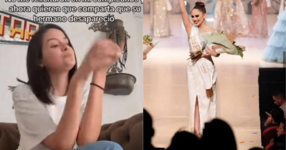 Mujer gesticulando en sofá y reina del Carnaval en pasarela con vestido blanco y ramo de flores.